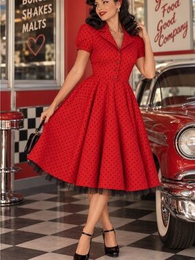 NWT HEARTS & ROSES Retro Pinup Red & Black Polka Dot Dress Sz 12 Rockabilly